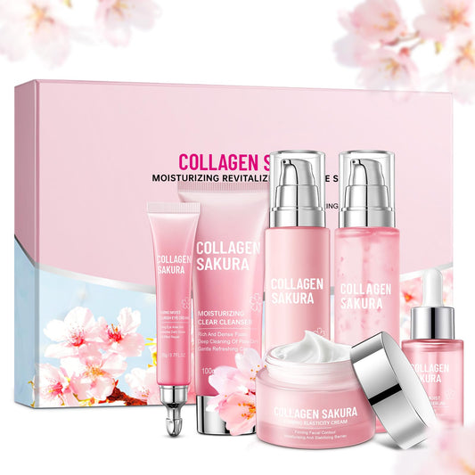 Sakura Skin Care Gift Set for Teen Girls & Women – 6 Pc Cherry Blossom Collagen Kit with Cleanser, Toner, Lotion, Serum, Cream & Eye Cream