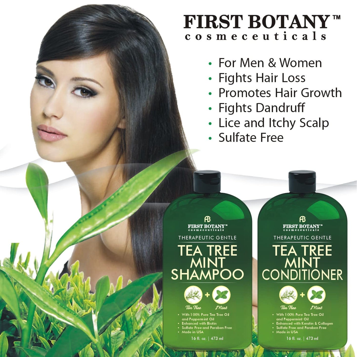 First Botany Tea Tree Mint Shampoo & Conditioner Set – With Peppermint Oil – Fights Dandruff, Hair Loss & Itchy Scalp – Sulfate Free, 16 Fl Oz x 2