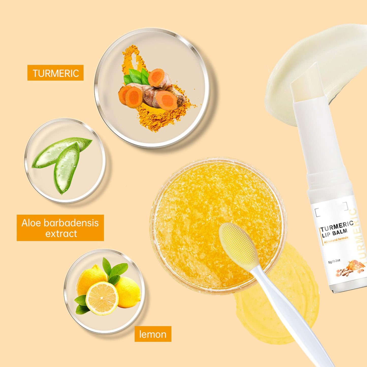 Turmeric Lemon Lip Scrub & Balm Set with Brush – 3PCS Natural Exfoliator & Moisturizer for Dark, Dry, Chapped Lips