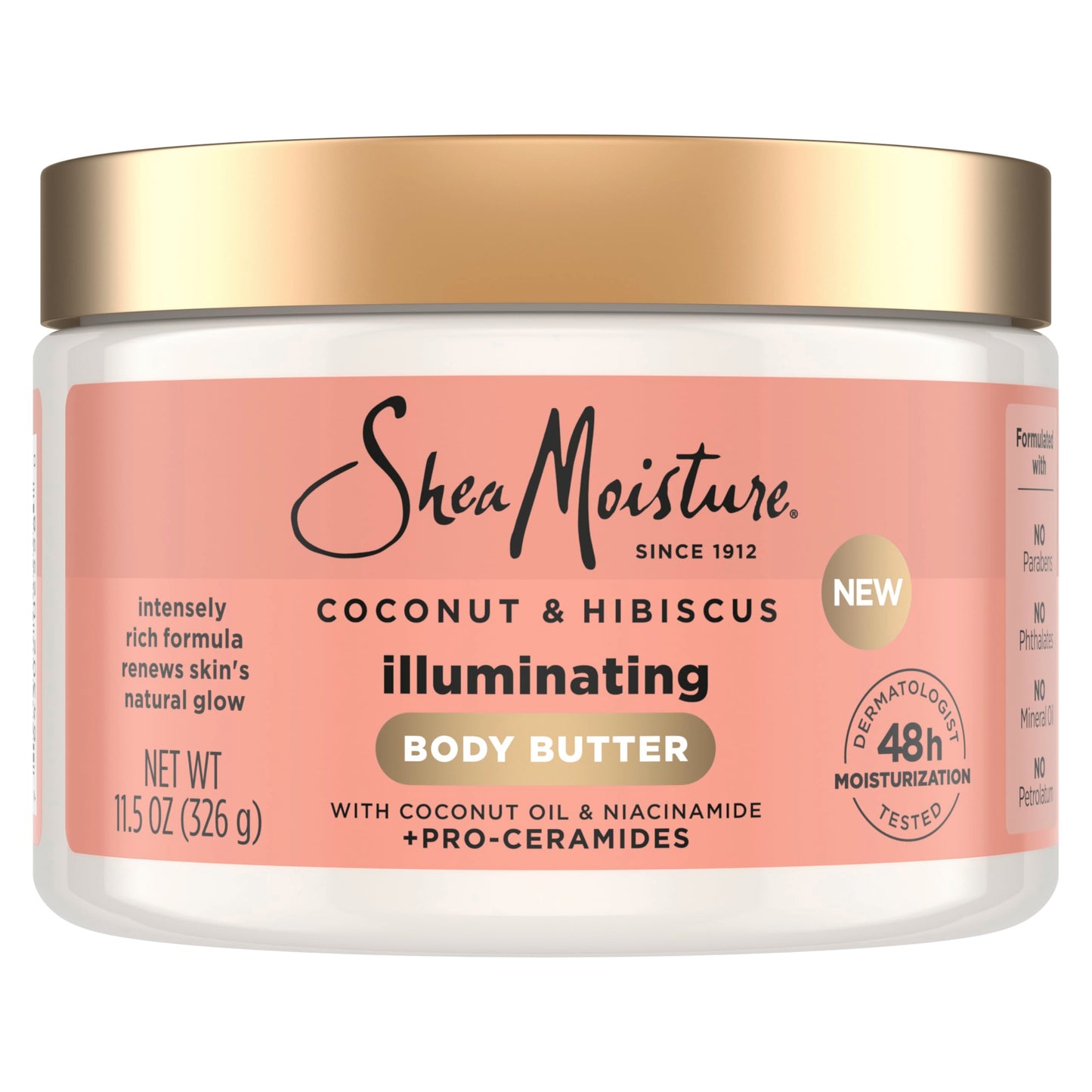 SheaMoisture Illuminating Body Butter with Coconut & Hibiscus, Niacinamide and Pro-Ceramides, Renewing Skin’s Natural Glow, 48H Moisturizing 11.5 oz