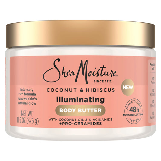SheaMoisture Illuminating Body Butter with Coconut & Hibiscus, Niacinamide and Pro-Ceramides, Renewing Skin’s Natural Glow, 48H Moisturizing 11.5 oz