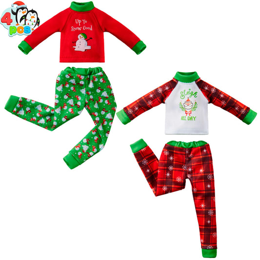 JOYIN 4-Pc Christmas Elf Doll Clothes Set – Ugly Sweaters for Santa, Snowman & Dolls, Red & Green Holiday Pajamas Decor