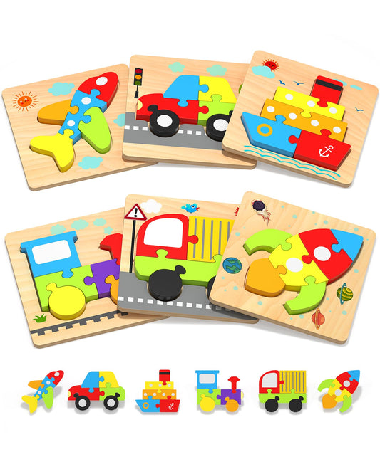 Yetonamr Wooden Toddler Puzzles Gifts Toys for 1 2 3 Years Old Boys Girls, 6 Vehicle Shape Montessori Toys Educational Blocks Kids Gift Baby Learning Toy Age 1-3, 2-4