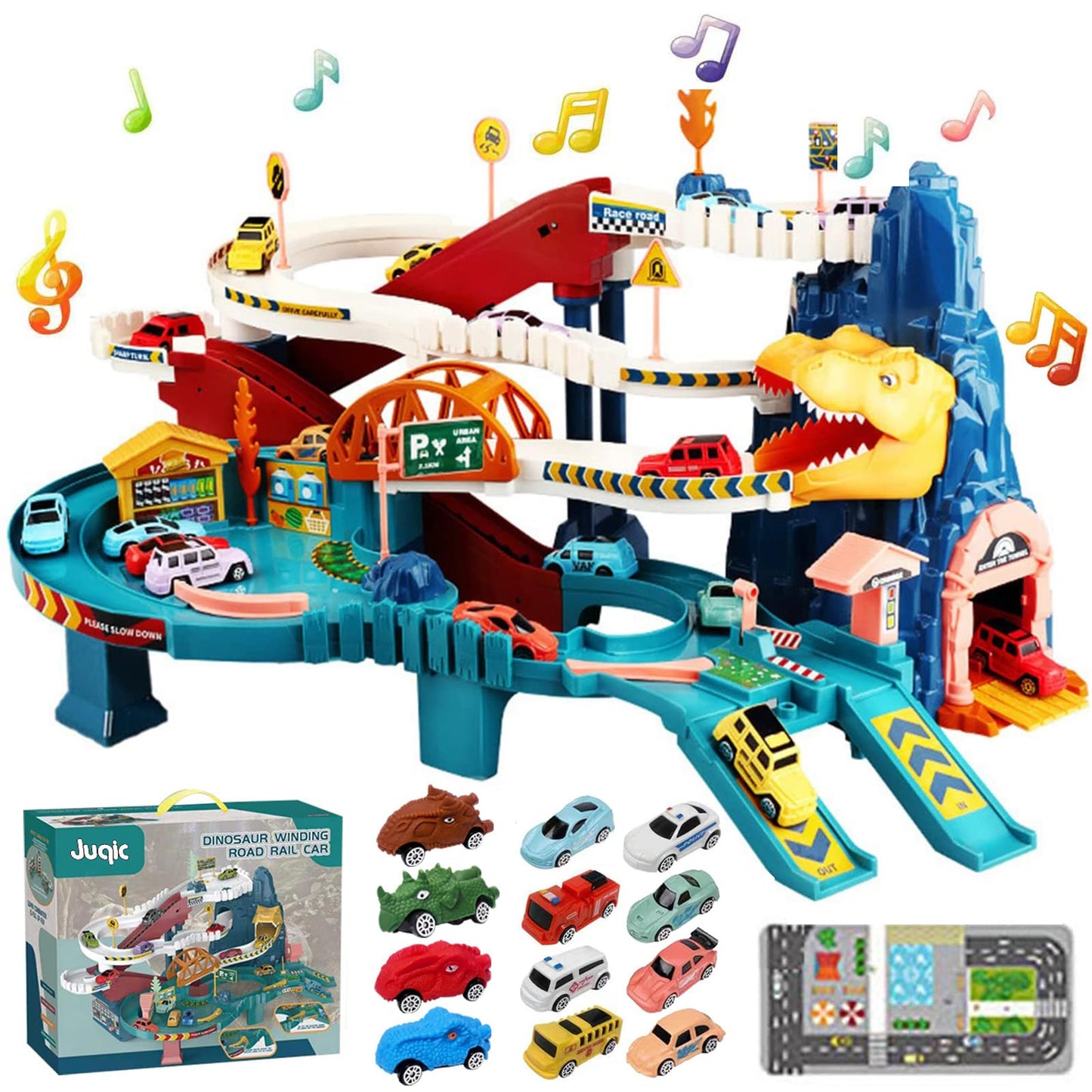 Dinosaur Hill Toy Car Ramp Track Playset with 12 Mini Racer Cars, Colorful Rails & Climbing Hills for Kids Ages 3+