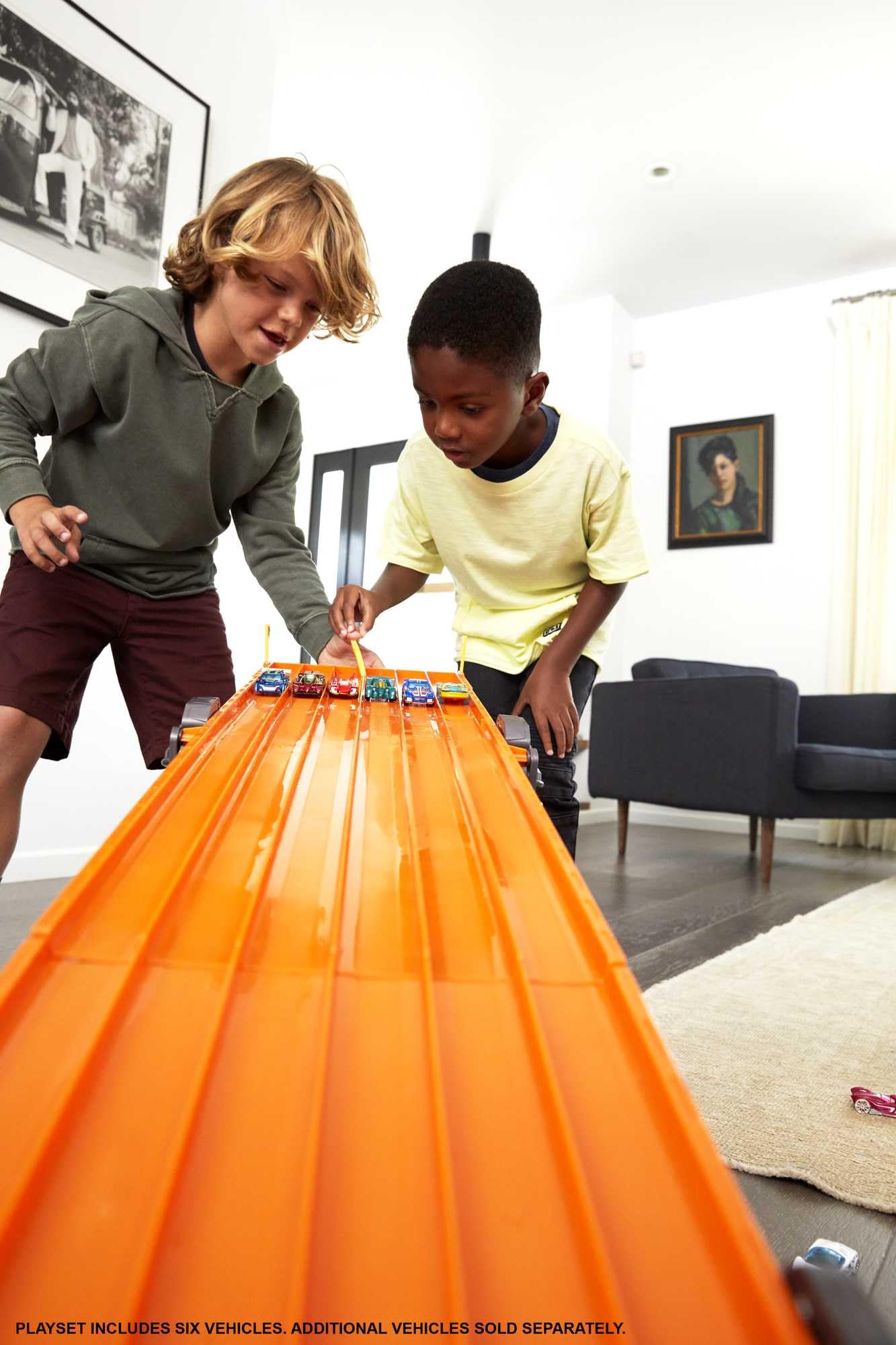 Hot Wheels Super 6-Lane Raceway Track Set with Lights & Sounds, 6 Die-Cast 1:64 Cars, 8-Foot Track Rolls Up for Storage (Amazon Exclusive)
