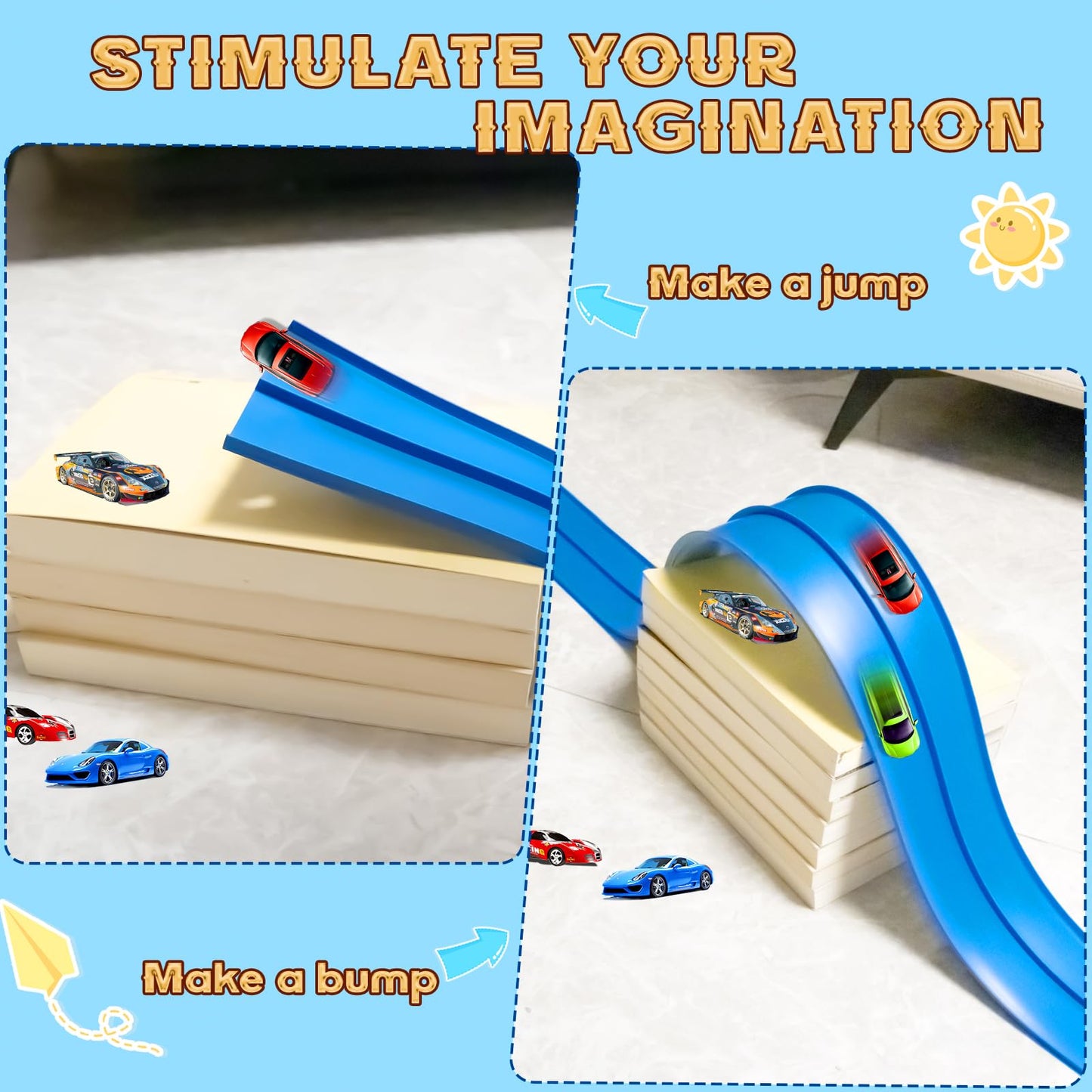 Flex Track 15 Ft Starter Set, Flexible Race Car Ramp Track for Ages 3 & Up with Suction Cups Compatible with Diecast 1/64th Cars