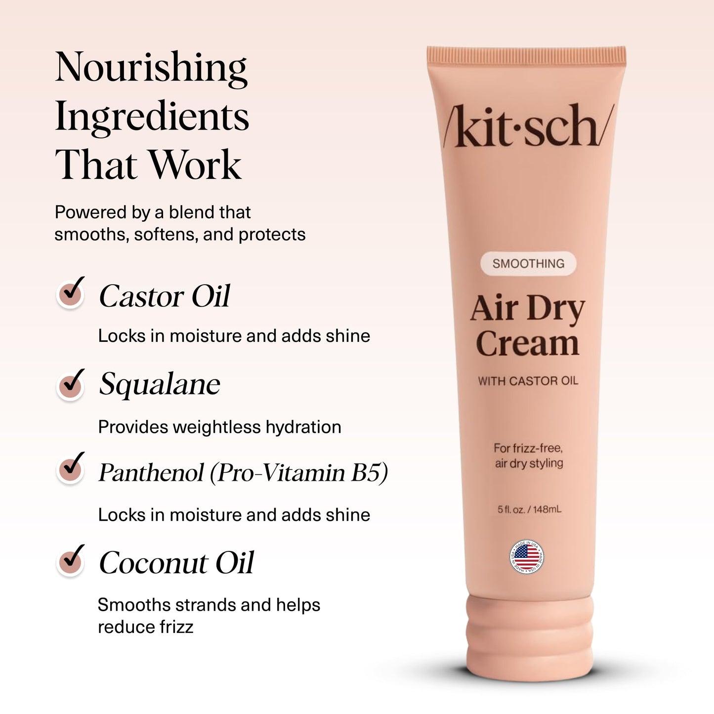 Kitsch Smoothing Air Dry Cream – Frizz Control Styling Cream with Castor & Coconut Oil – Enhances Natural Texture, 24-Hour Smooth Finish, 5 oz