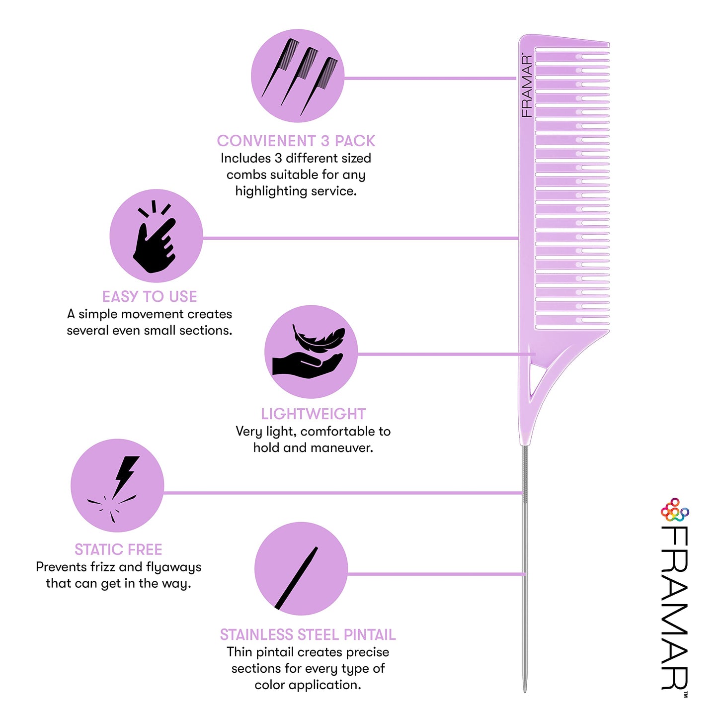 FRAMAR Dreamweaver Highlight Comb Set – 3 Pack Pastel Professional Foiling & Parting Combs for Hair Coloring, Dyeing & Precise Highlights