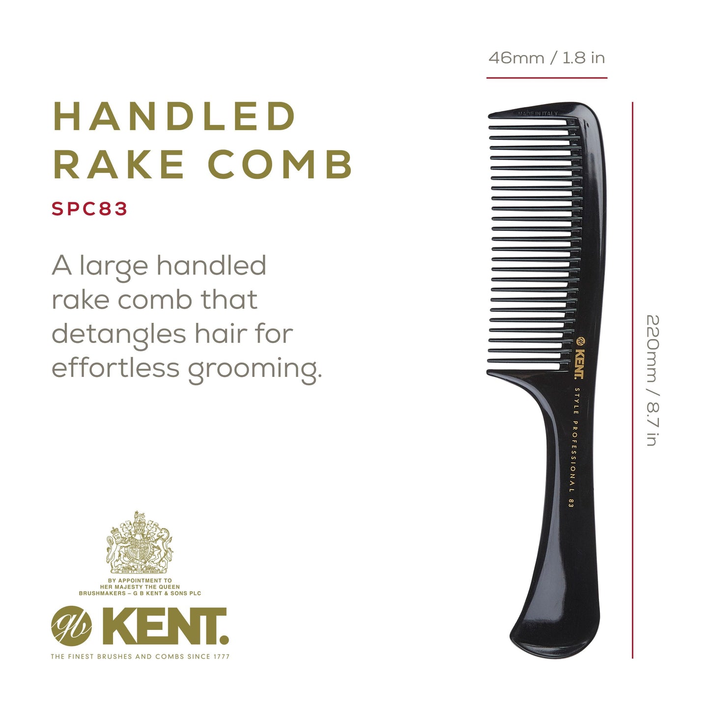 Kent SPC83 Black Salon-Style Barber Comb and Dressing Cutting Detangler with Wide Teeth - Professional Barber Wide Tooth Comb for Styling for Medium and Thick. Ergonomic Grip for Daily Use.
