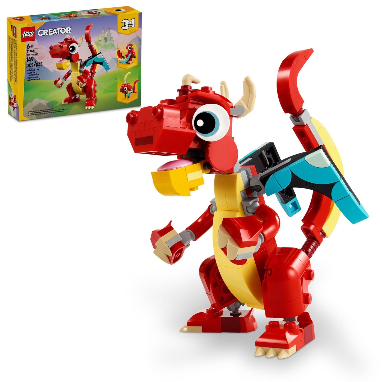 LEGO Creator 3-in-1 Red Dragon 31145 Toy – Transforms to Dragon, Fish & Phoenix, Fun Building Set for Kids 6+, Gift for Boys & Girls