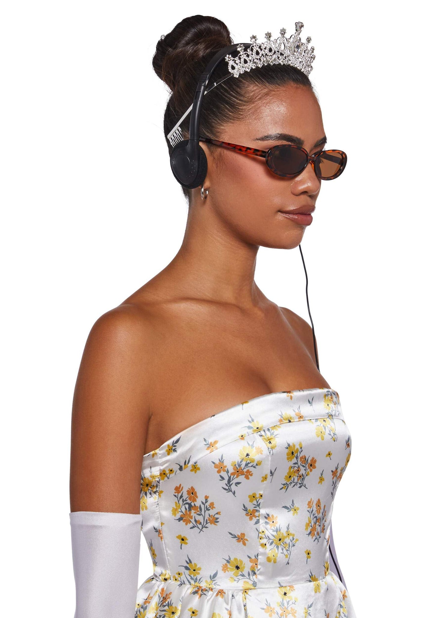 Dolls Kill Princess Mia Costume by Trickz N’ Treatz – Women’s Floral Satin Mini Dress with Gloves, Tiara, Sunglasses & Headphones, Small