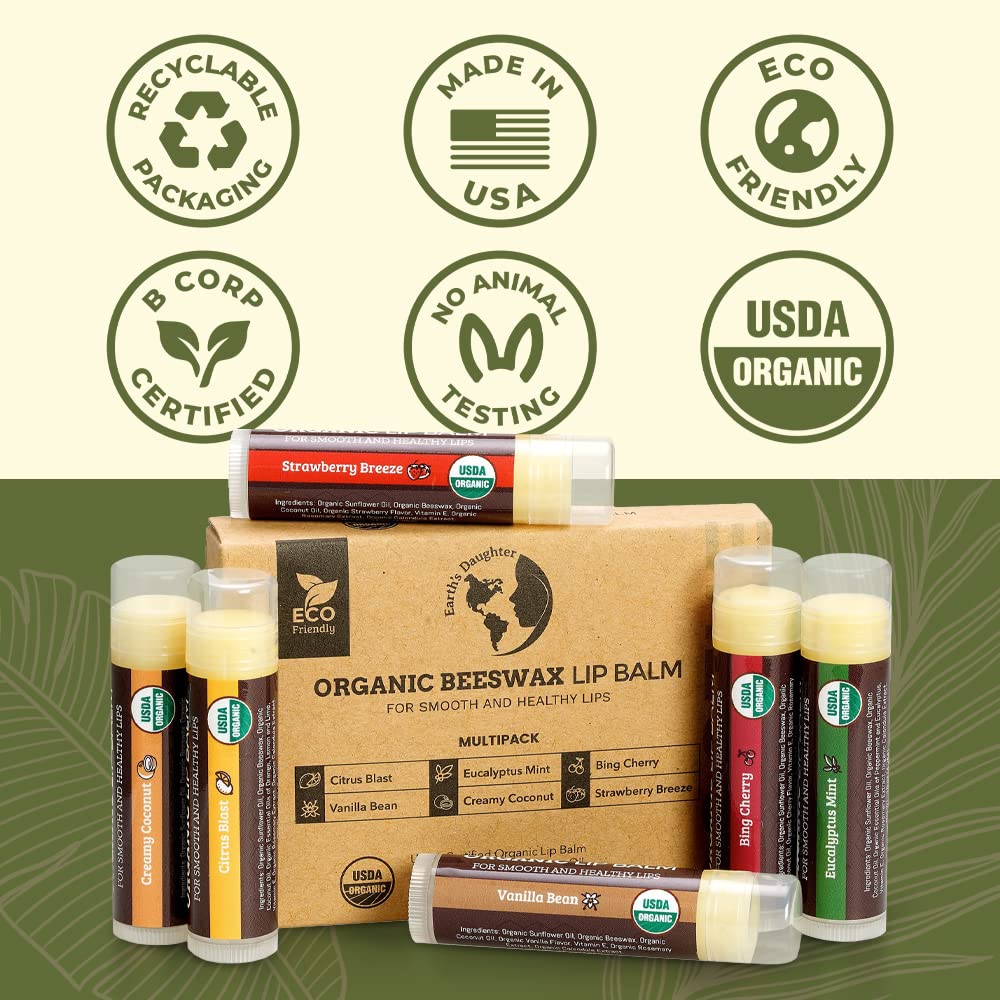 Earth's Daughter USDA Organic Lip Balm 6-Pack – Fruit Flavors with Beeswax, Coconut Oil & Vitamin E – Moisturizing Repair for Dry Lips