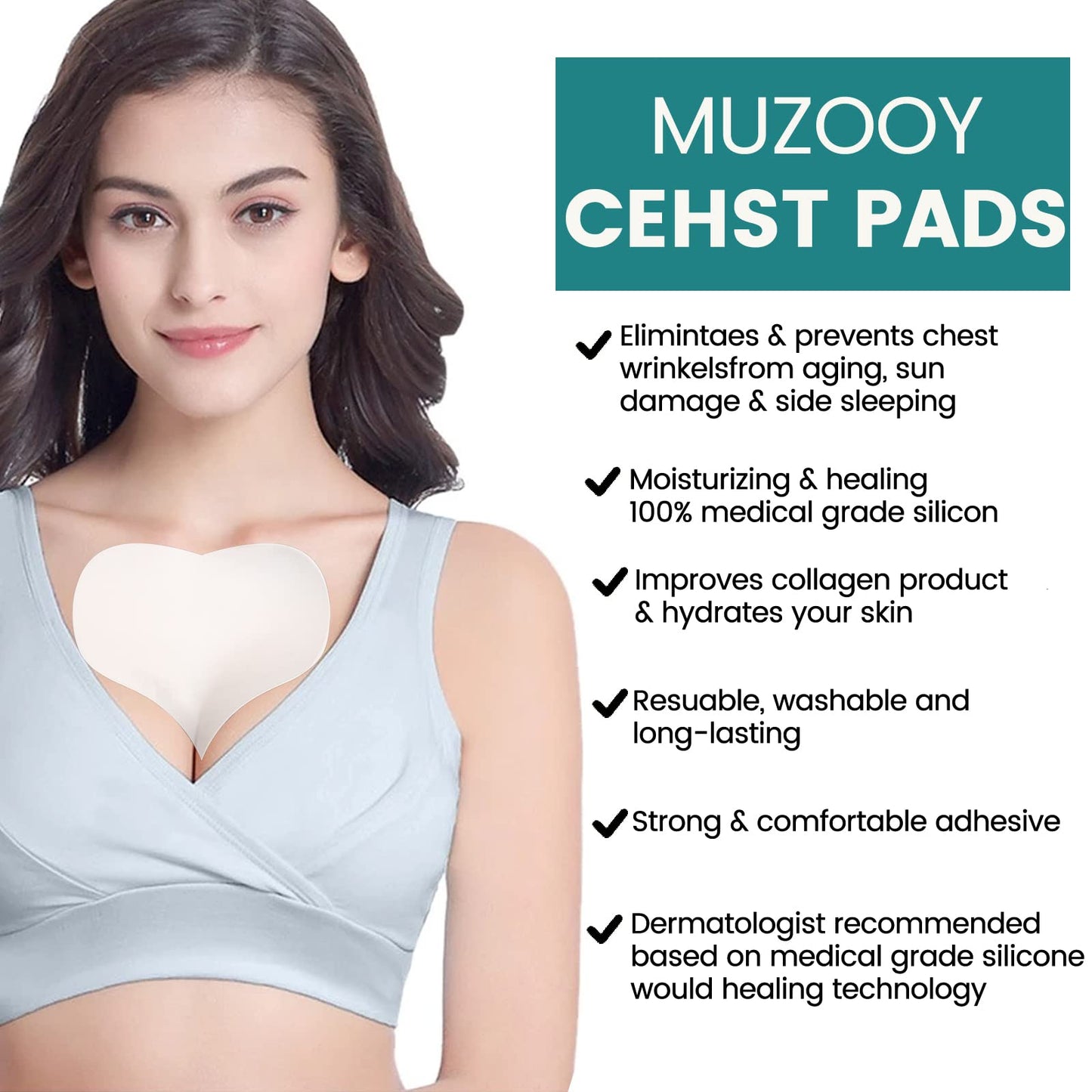 Muzooy 4-Pack Chest Wrinkle Pads – Reusable 100% Medical Grade Silicone Décolleté Anti-Wrinkle Patches, Overnight Skin Smoother