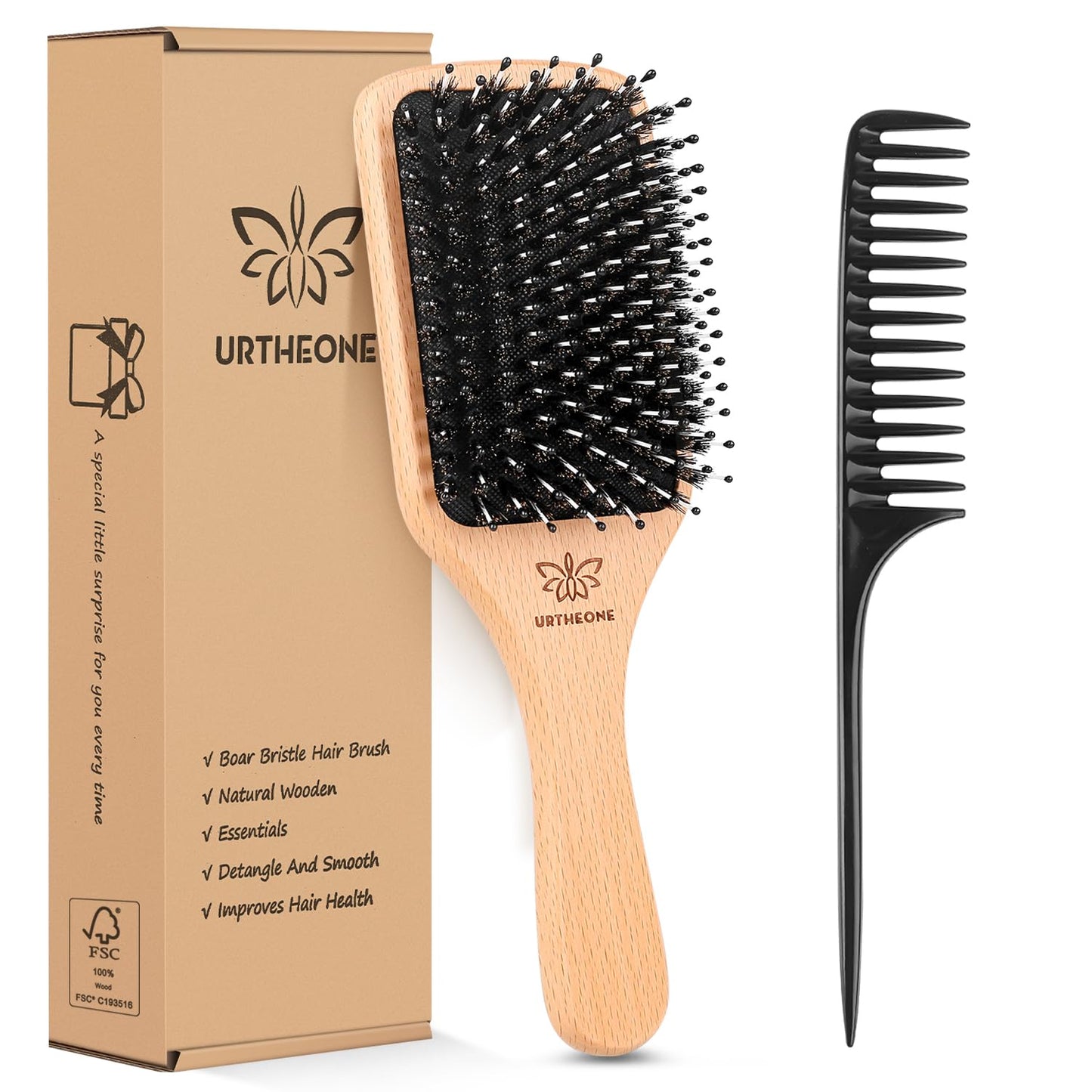 Boar Bristle Hair Brush for All Hair Types – Paddle Brush for Thick, Curly, Thin, Long, or Short Hair – Adds Shine & Smoothness – For Men, Women & Kids