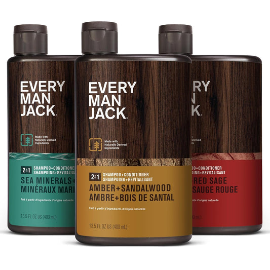 Every Man Jack 2-in-1 Shampoo + Conditioner for Men Variety Pack – Amber Sandalwood, Cedar Red Sage & Sea Minerals Citron, 13.5 oz, 3 Pack