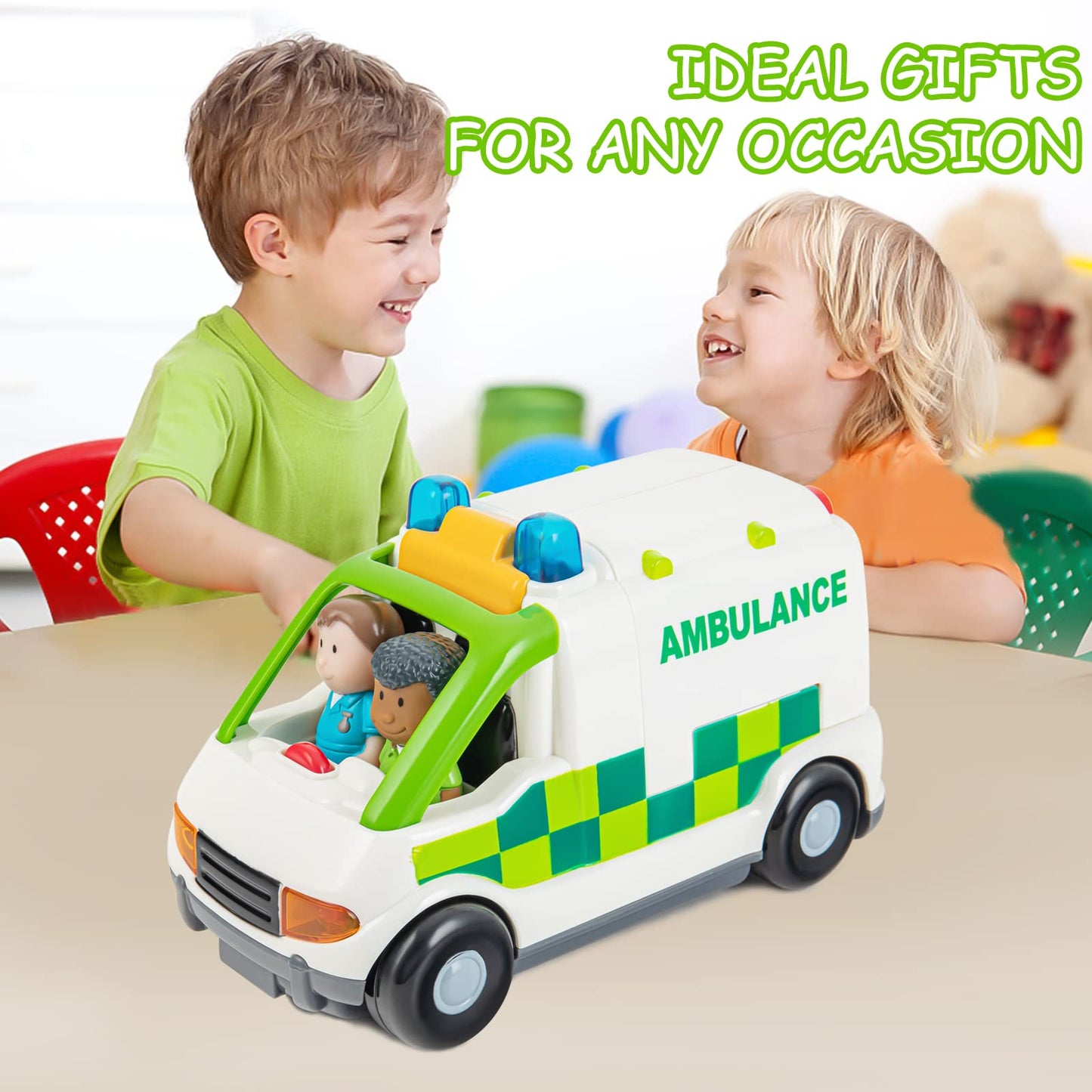 Auspint Friction-Powered Ambulance Toy with Lights & Sounds – Rescue Role Play Set for Toddlers, Boys 1-3, Birthday & Party Gift