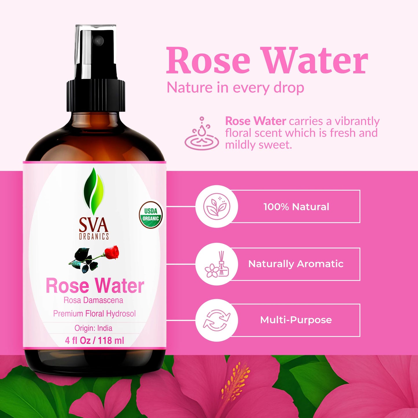 SVA ORGANICS Rose Water 4oz (118 ml) Refreshing Rose Water Spray for Skin Care, Skin Hydration, Bath, Soaps, Haircare & Aromatherapy