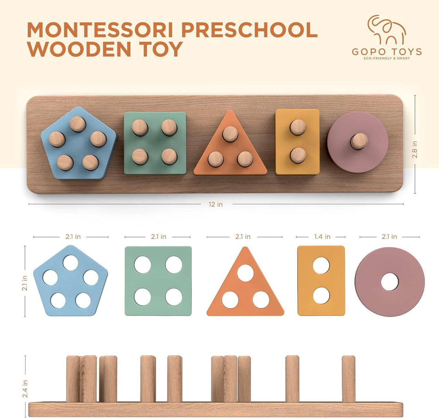 GOPO TOYS Montessori Wooden Shape Sorter & Stacking Puzzle – Educational Toy for 1+ Year Olds – Fine Motor Skill & Toddler Learning Toy