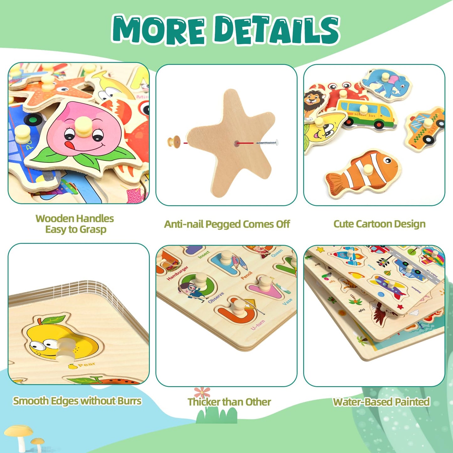 edutree Wooden Peg Puzzles for Toddlers – 6-Pack Montessori Educational Toys with Alphabet, Numbers, Animals, Vehicles & Shapes for Ages 1-5