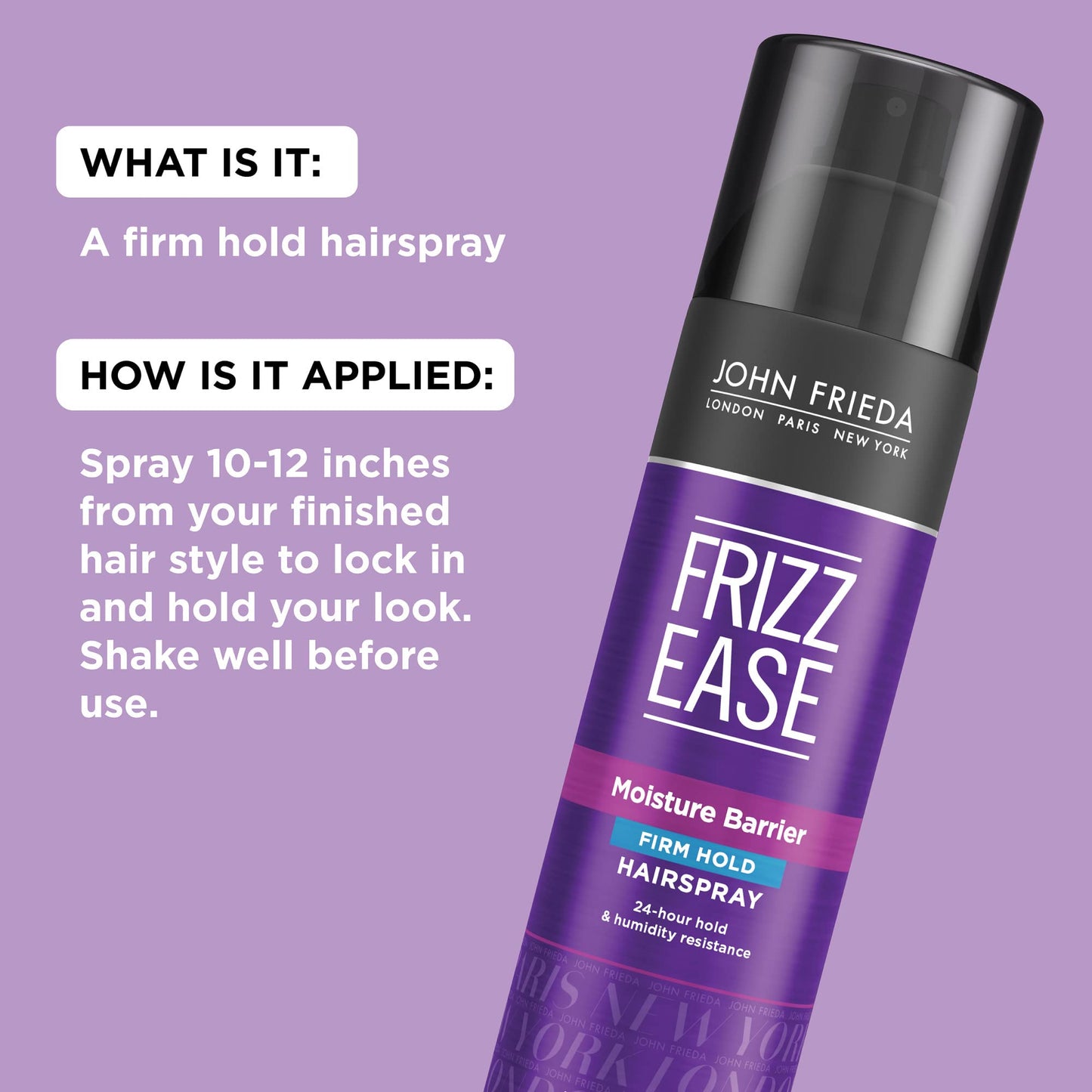 John Frieda Frizz Ease Moisture Barrier Firm Hold Hairspray – Blocks Frizz, Seals Out Humidity, Protects from Heat, Long-Lasting Hold, 12 Oz