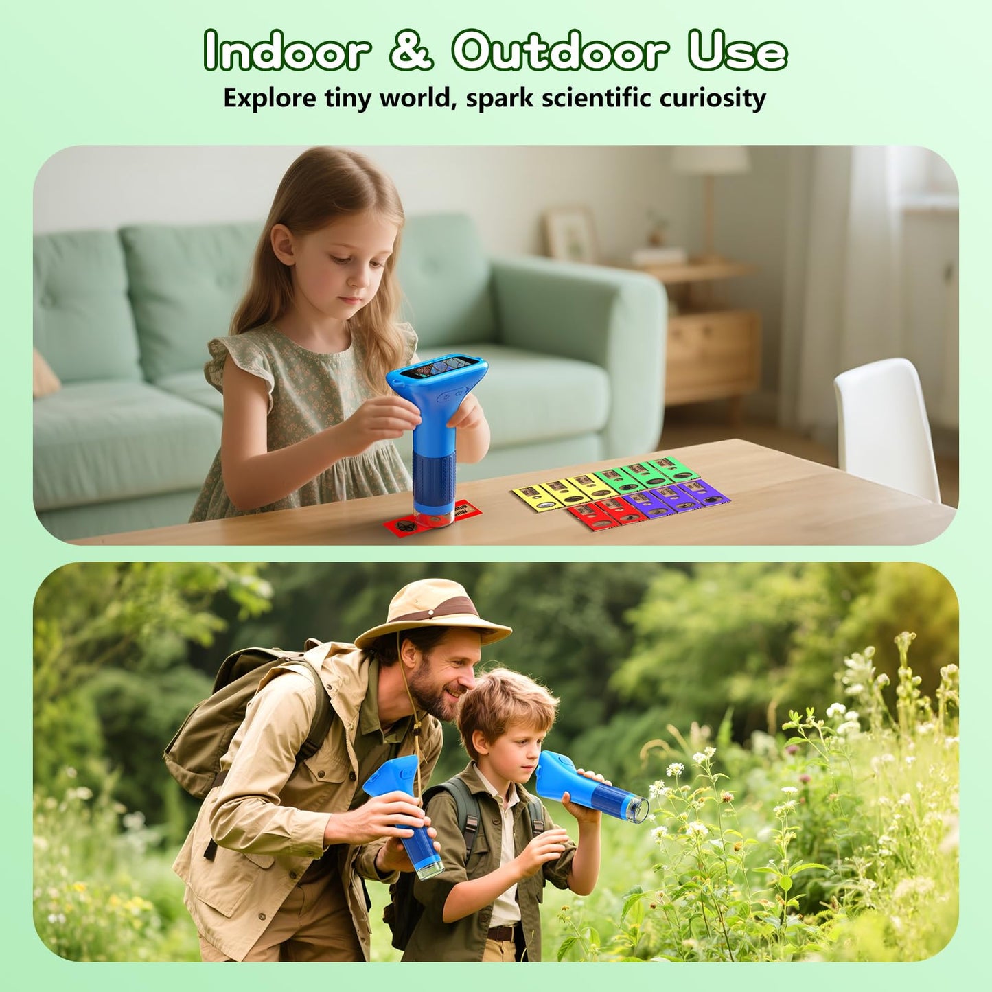 Odatay Kids Microscope 100X-1000X, 1080P Digital Handheld with 12 Slides, Mini Portable Science Toy Gift for Ages 3-12, Blue