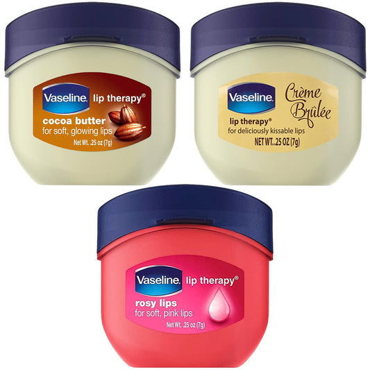 Vaseline Lip Therapy Mini Balm Trio – Crème Brûlée, Rosy Lips & Cocoa Butter – Moisturizing Lip Care for Soft, Smooth, Kissable Lips, 0.25 Oz Each