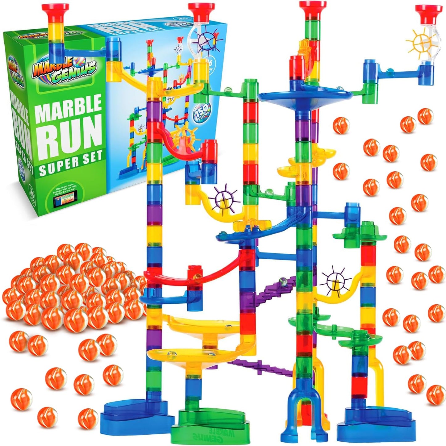 Marble Genius Marble Run Super Set – 150-Piece Maze Track Toy with 85 Translucent & 65 Glass Marbles for Kids & Adults 4-8+