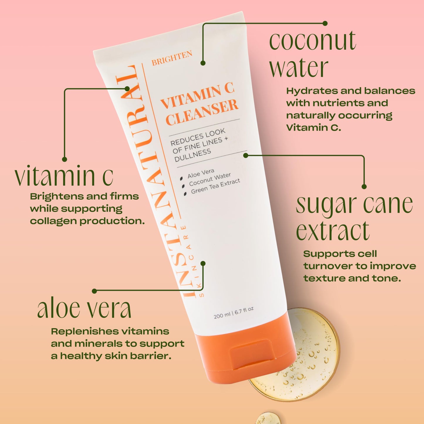 InstaNatural Vitamin C Cleanser | All Natural Face Wash, Brightens Skin, Good for Uneven Texture, USA Made with Coconut Water and Aloe Vera, 6.7 FL Oz