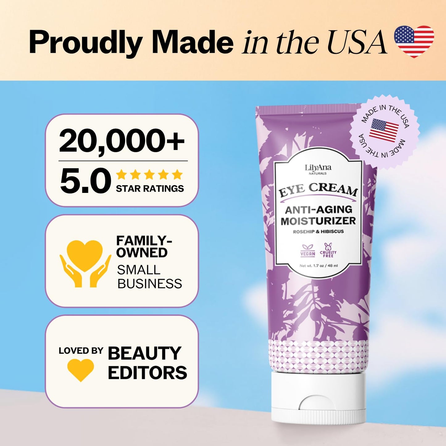 LilyAna Naturals Eye Cream for Dark Circles, Puffiness & Wrinkles, Anti-Aging, Hydrating for Sensitive Skin, 1.7 oz, Made in USA