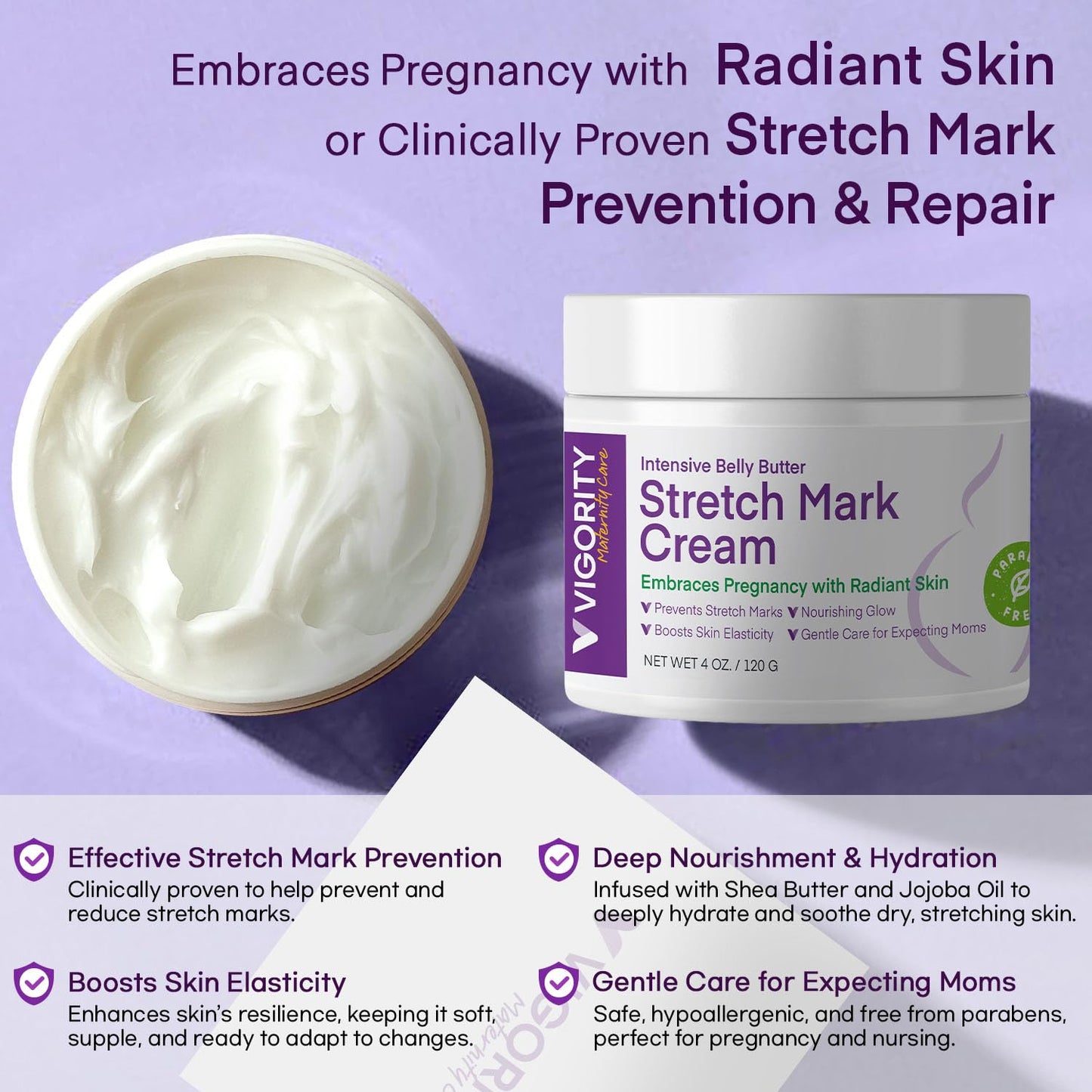 Stretch Mark Cream for Pregnancy - Belly Butter & Massage Lotion to Prevent & Repair Maternity Stretch Marks, 4 oz