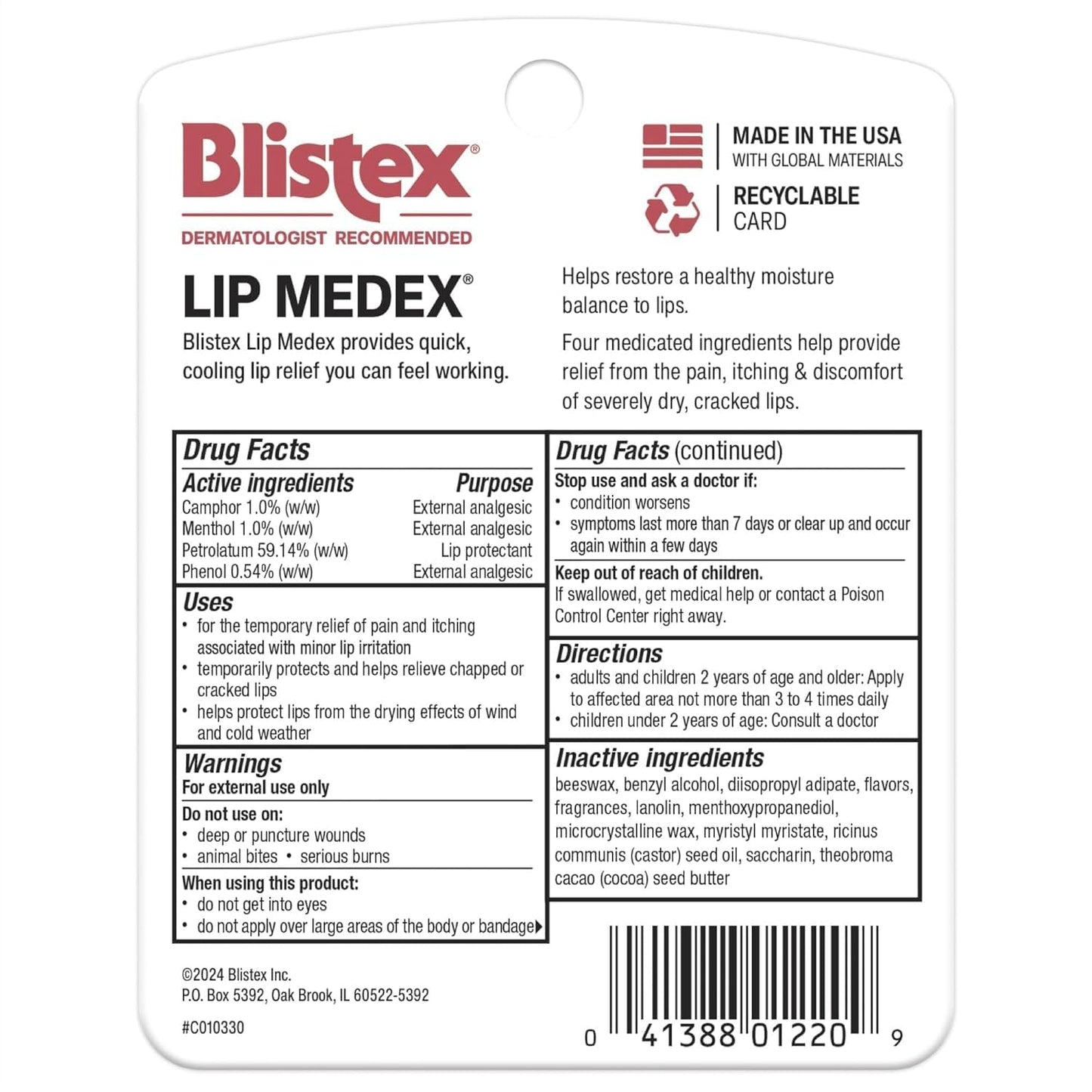 Blistex Lip Medex, 0.25 oz, 3-Count – Medicated Lip Balm for Immediate Cooling, Soothes, Protects & Hydrates Lips, 1 Pack