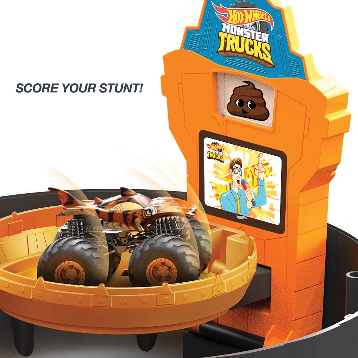 Hot Wheels Toy Monster Trucks Playset, Tire-Shaped Case Transforms into Race Course, 3 Trucks & 4 Cars in 1:64 Scale, Stunt Tire (Amazon Exclusive)