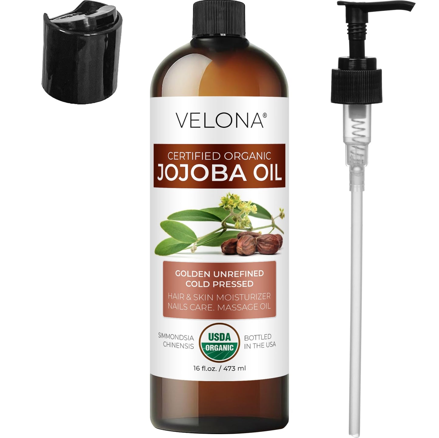 Velona Jojoba Oil 16 fl oz with Pump - 100% Pure Organic, Cold-Pressed, Hexane-Free, Unrefined Golden Oil for Face, Hair & Body Care