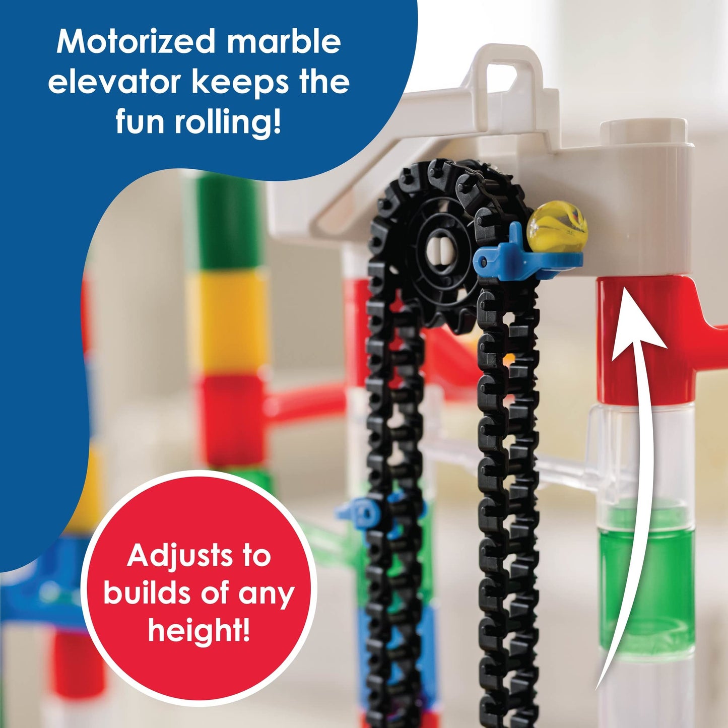 MindWare Marble Run 110 Piece Building Set with 82 Track Pieces, 15 Marbles and Motorized Elevator