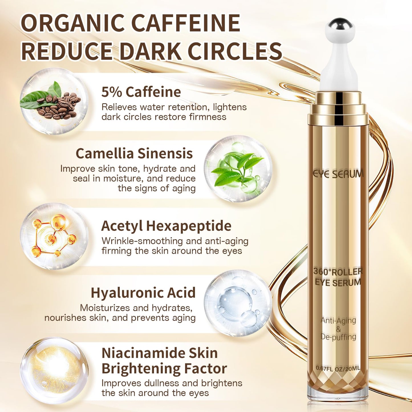 5% Caffeine Eye Serum 20ML with Hyaluronic Acid, 360° Massage Ball for Dark Circles, Puffiness, Wrinkles & Fine Lines