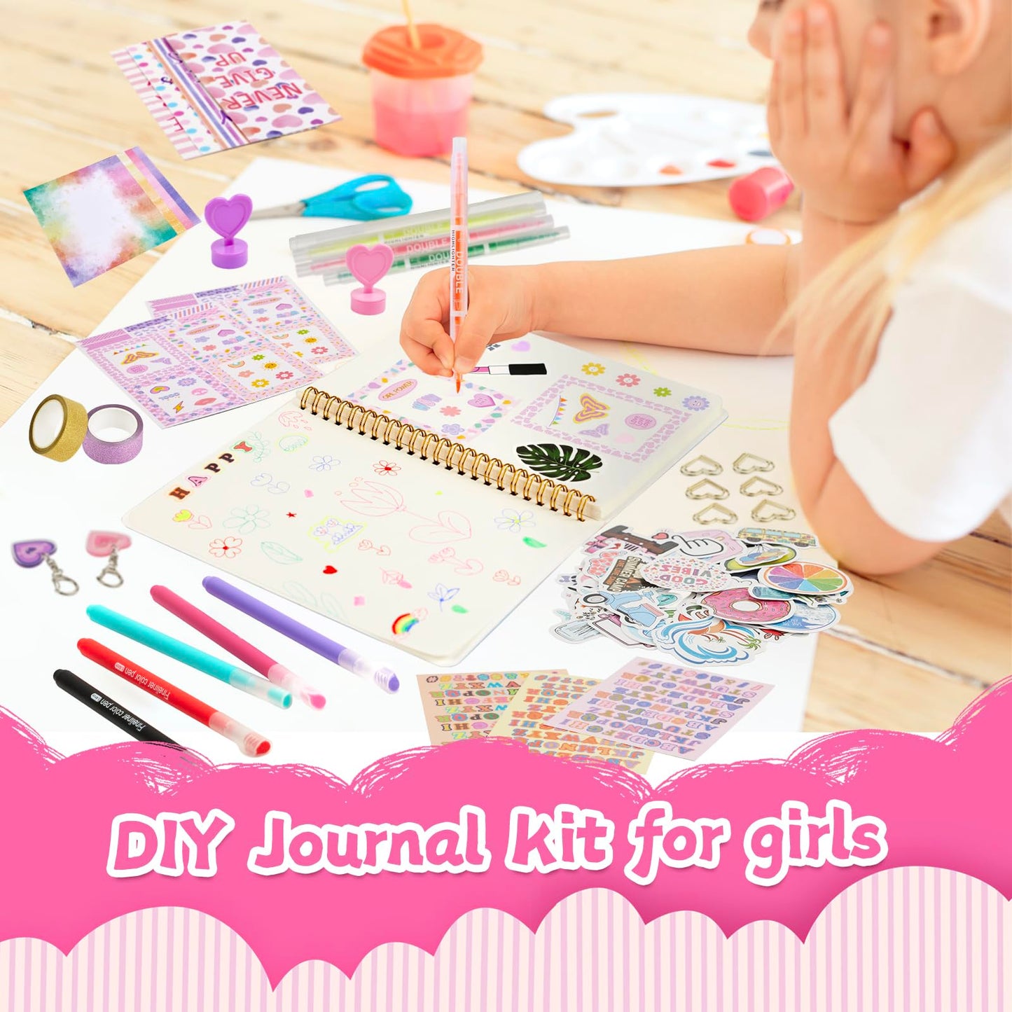 OIHEW 2-PC DIY Journal & Scrapbook Kit for Girls 8-14, Includes Stickers, Stationery, Crafts, Birthday & Christmas Gift Set