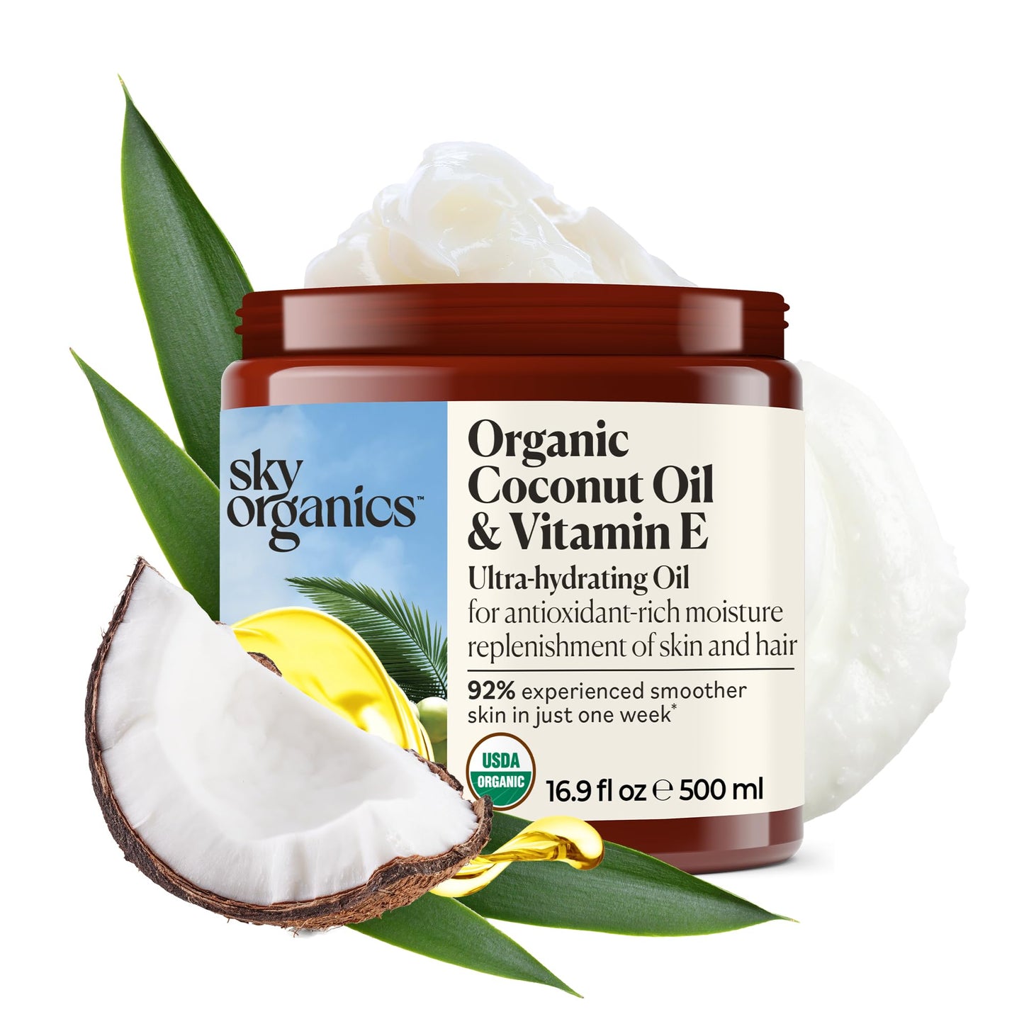 Sky Organics Organic Coconut Oil & Vitamin E 16.9oz – Natural, Vegan Skin & Hair Hydrating Oil with Fatty Acids, Antioxidants + eBook