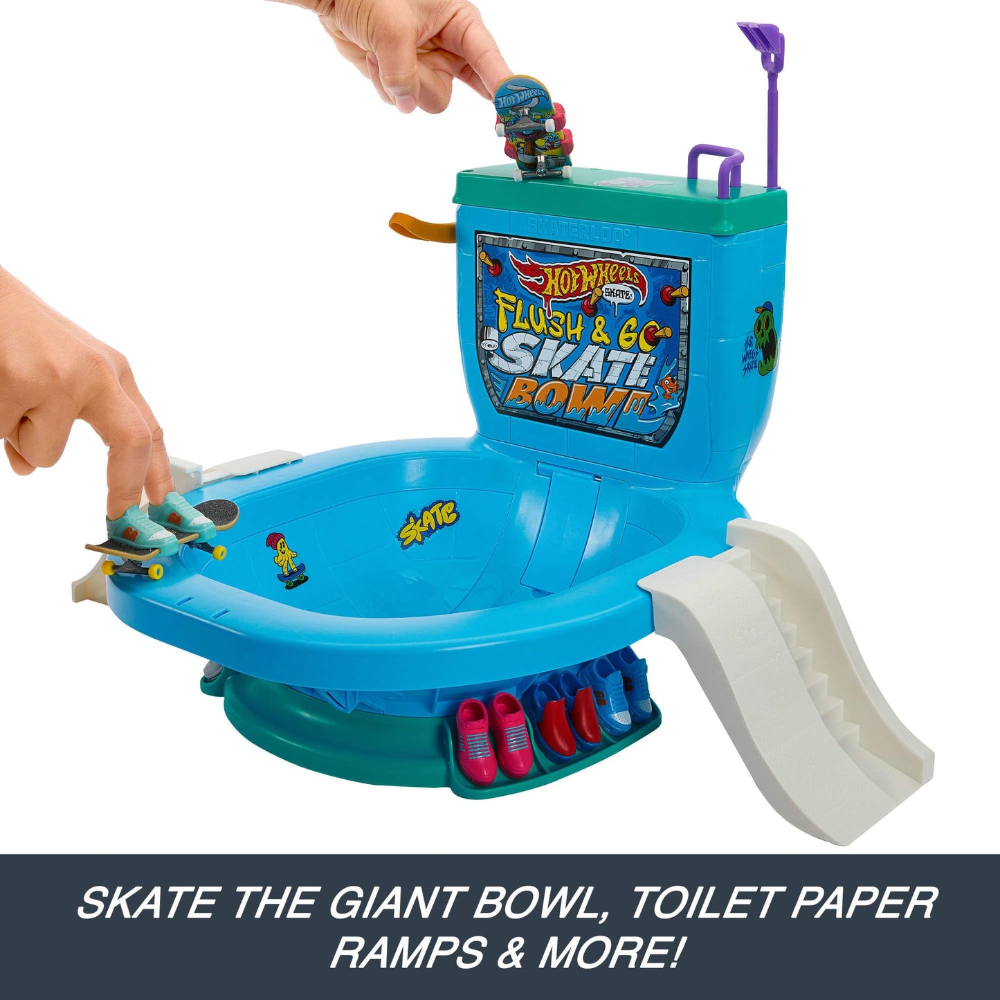 Hot Wheels Skate Fingerboard Flush & Go Skate Park with Toilet Theme, 1 Exclusive Board, 1 Pair of Shoes & Sticker Sheet
