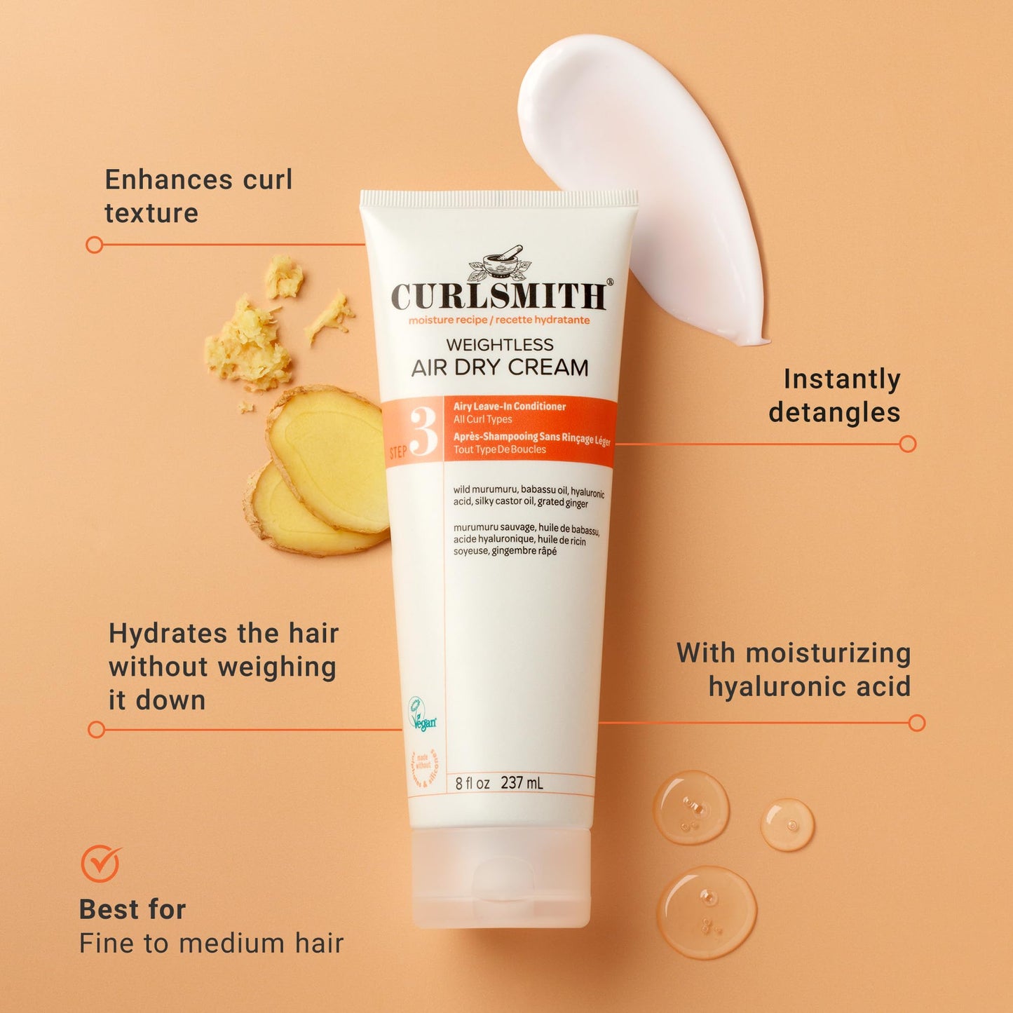 CURLSMITH - Weightless Air Dry Cream - Vegan Leave-In Conditioner for Any Hair Type, Smooths Hair (8 fl oz)