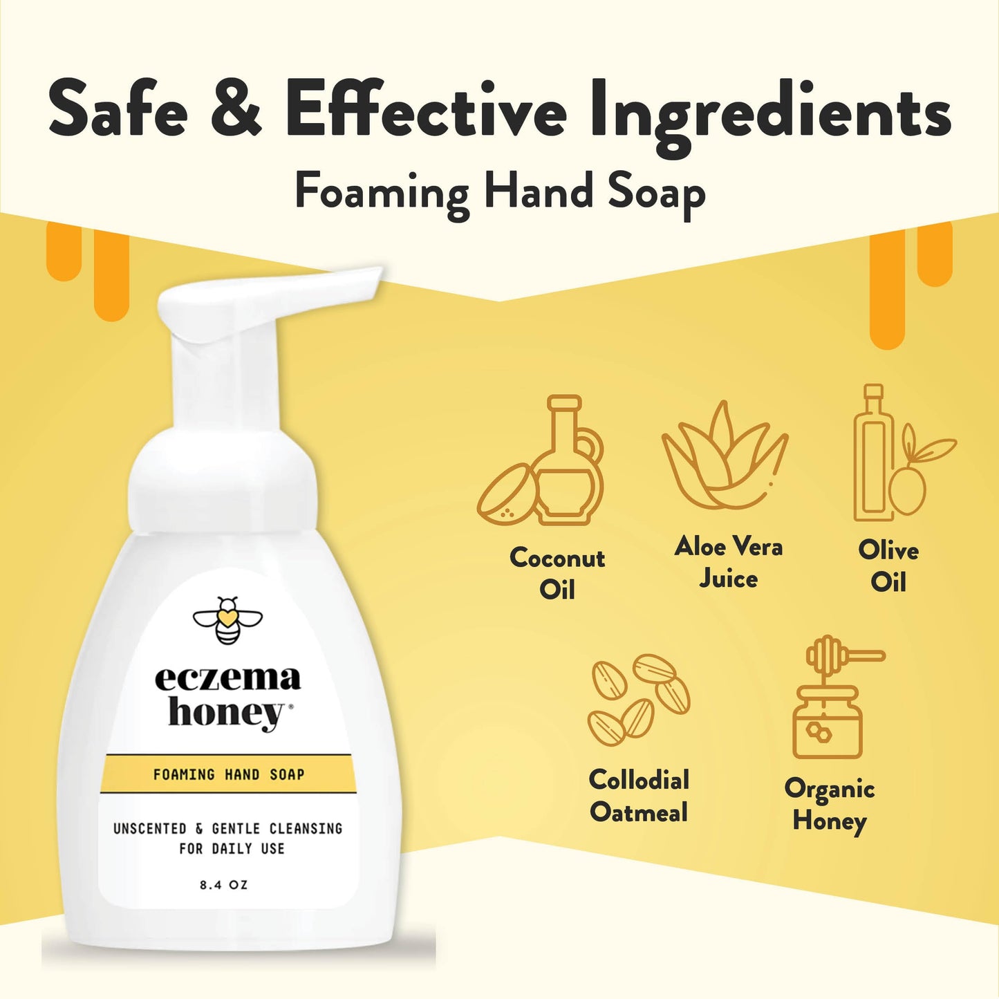 ECZEMA HONEY Gentle Foaming Hand Soap – Unscented, Non-Toxic, Organic Honey Cleanser for Dry Hands, Bathroom & Kitchen, 8.4oz