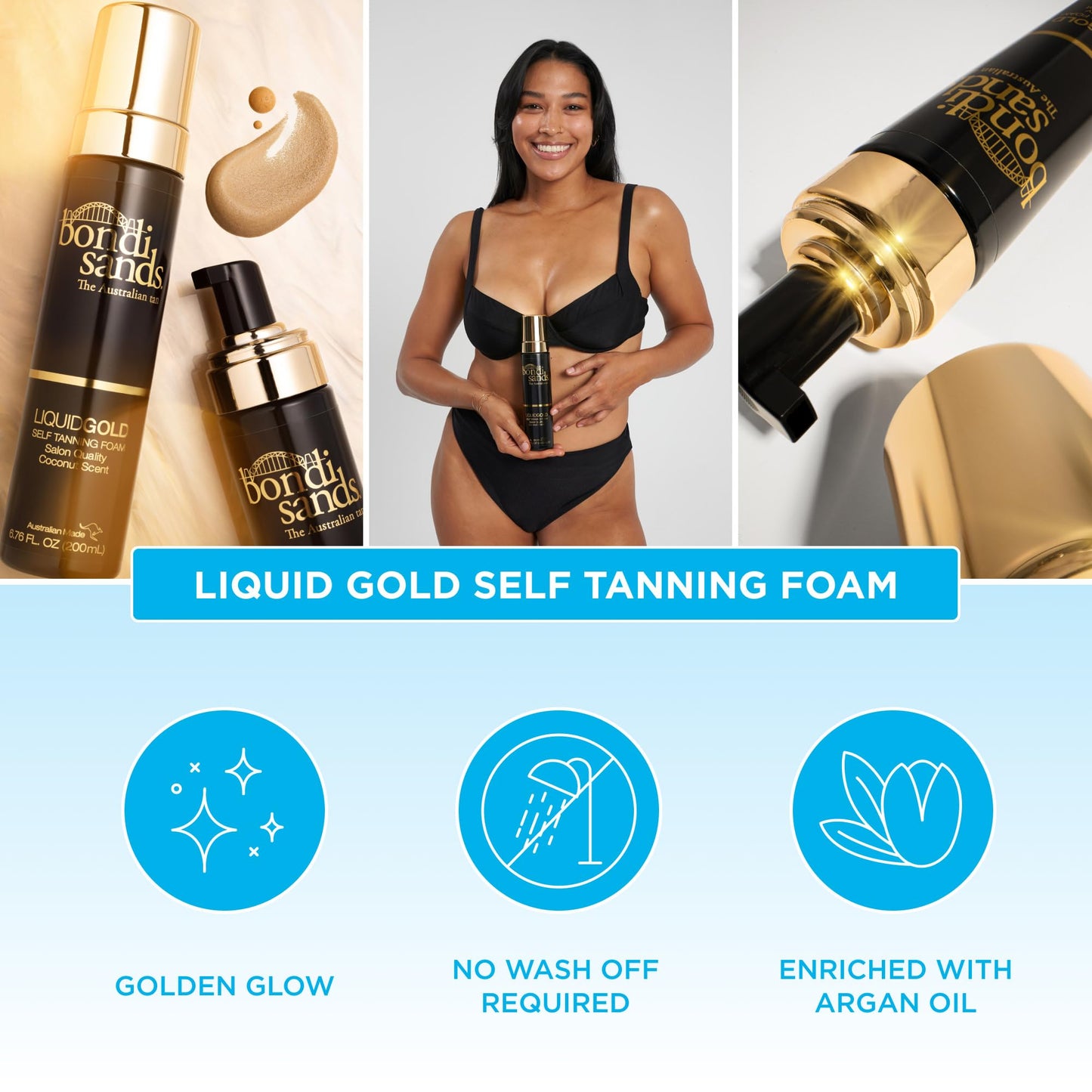 Bondi Sands Liquid Gold Self Tanning Foam | Lightweight + Quick Dry Foam Enriched with Argan Oil, Provides a Hydrated Streak-Free Tan | 6.76 Oz/200 mL
