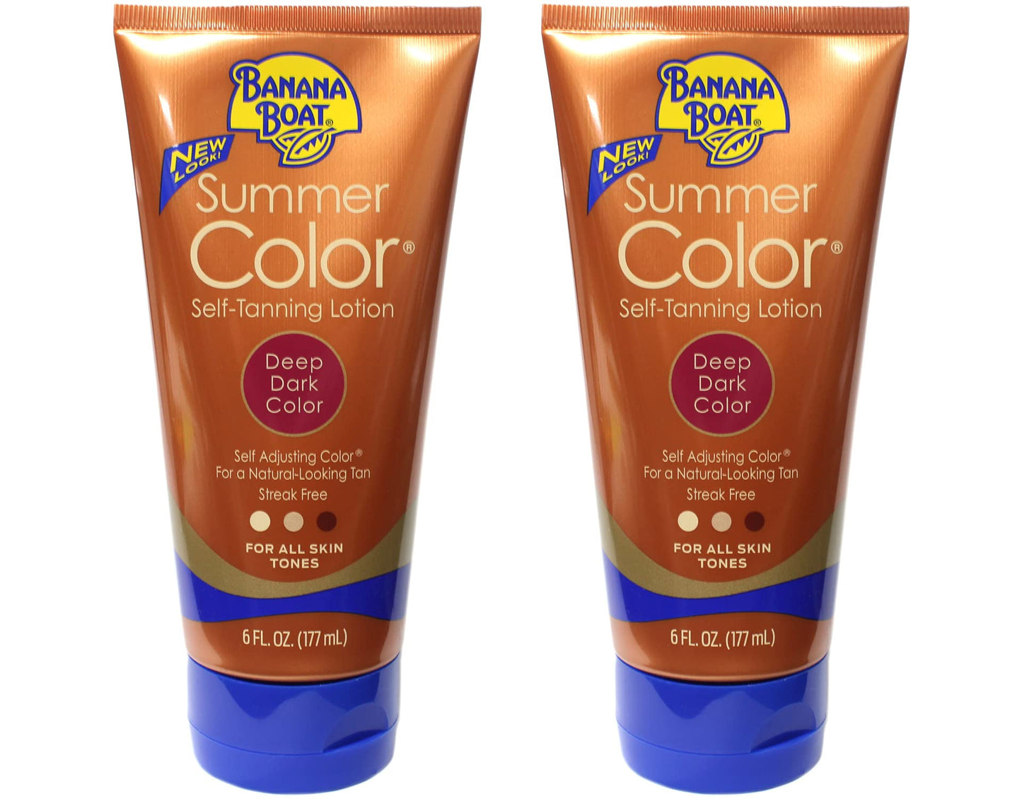 Two bottles of Banana Boat Summer Color Self-Tanning Lotion on a white background