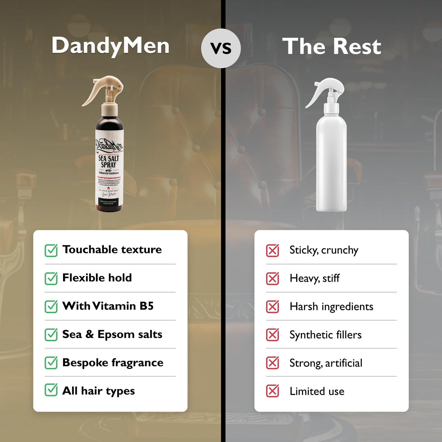 DandyMen Sea Salt Spray – Lightweight Texture, Volume, and Flexible Hold with Epsom Salt & Pro-Vitamin B5 (8.45 oz, Tobacco Vanilla)
