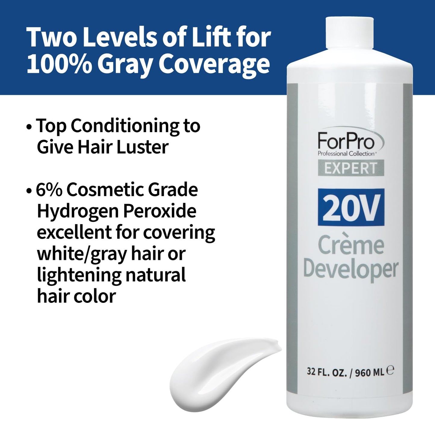 ForPro Expert 20 Volume Crème Developer for Hair Lightening, Gray Coverage & Color Deposit with Standard Lift, 32 Fl Oz