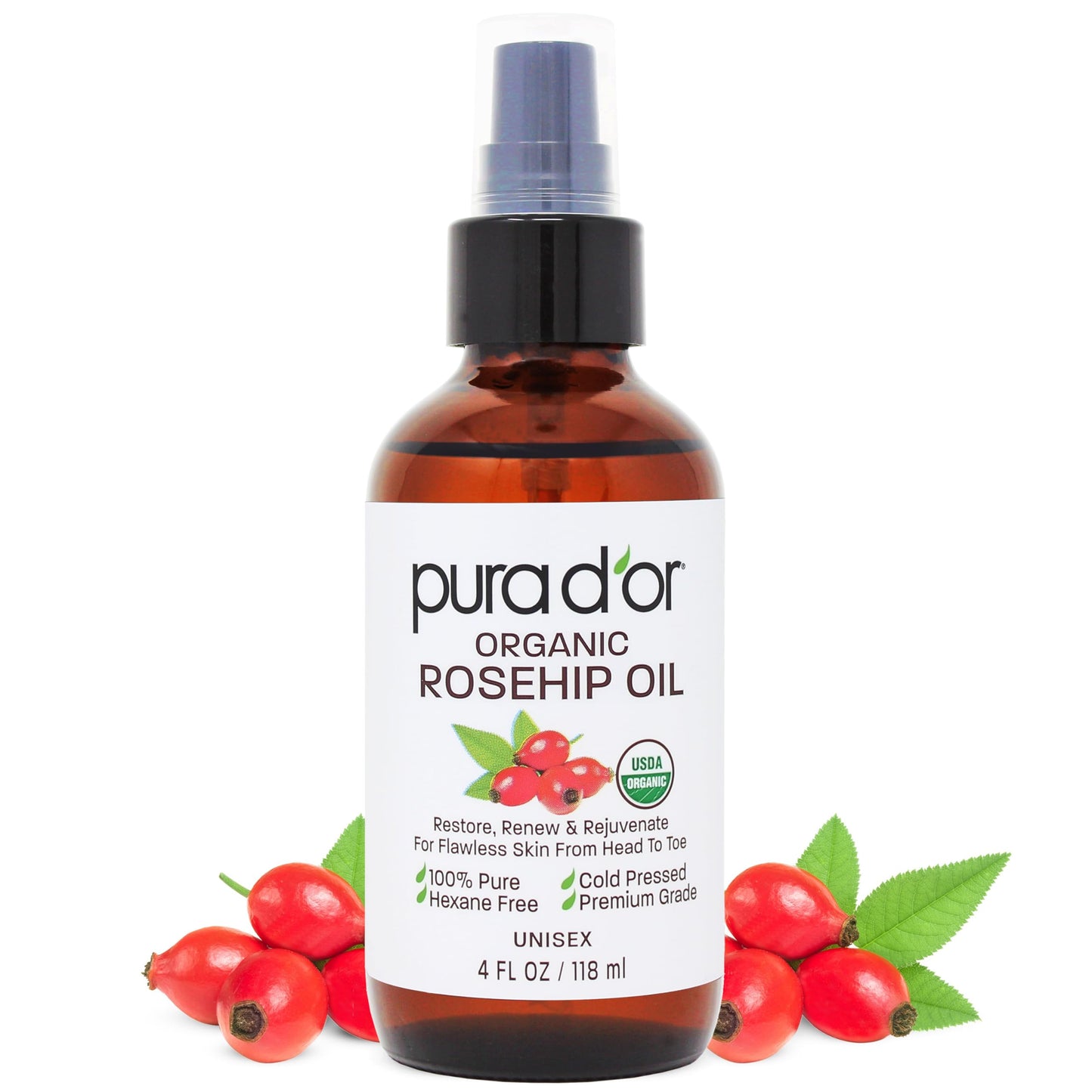 PURA D'OR Organic Rosehip Seed Oil 4oz – 100% Pure Cold Pressed USDA Certified – Anti-Aging, Scar & Stretch Mark Treatment for Face, Hair & Body