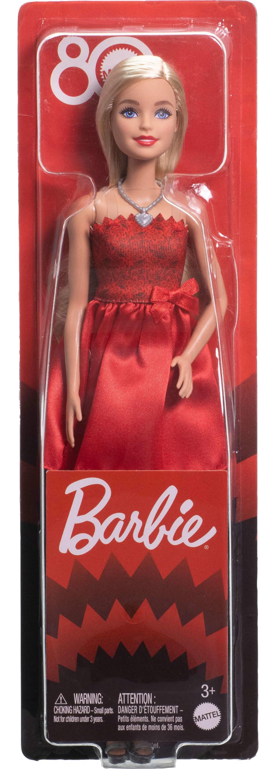 Barbie Mattel 80th Anniversary Ruby-Red Celebration Blonde Fashion Doll Wearing Red Dress with Silvery Shoes & Necklace, Collectible Toy