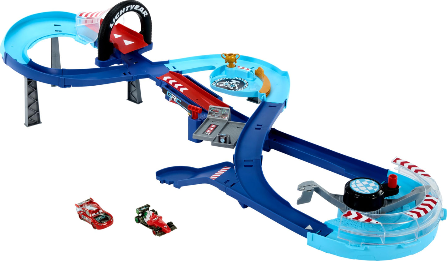 Mattel Disney and Pixar Cars Playset with 2 Toy Cars, Lightning McQueen & Francesco Bernoulli, GRC Jumping Raceway Track Set with Kid-Powered Booster