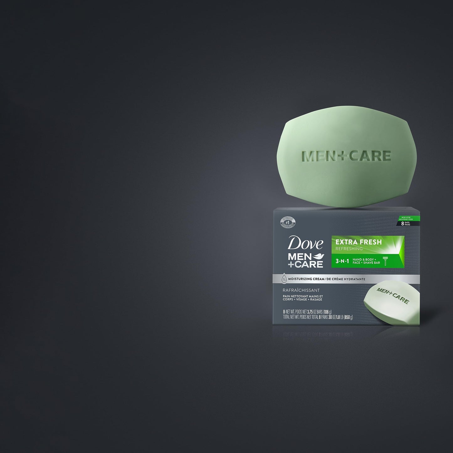 DOVE MEN+CARE 3-in-1 Bar Cleanser for Body, Face & Shaving, Extra Fresh, Moisturizing Soap Alternative, 3.75oz, Pack of 8