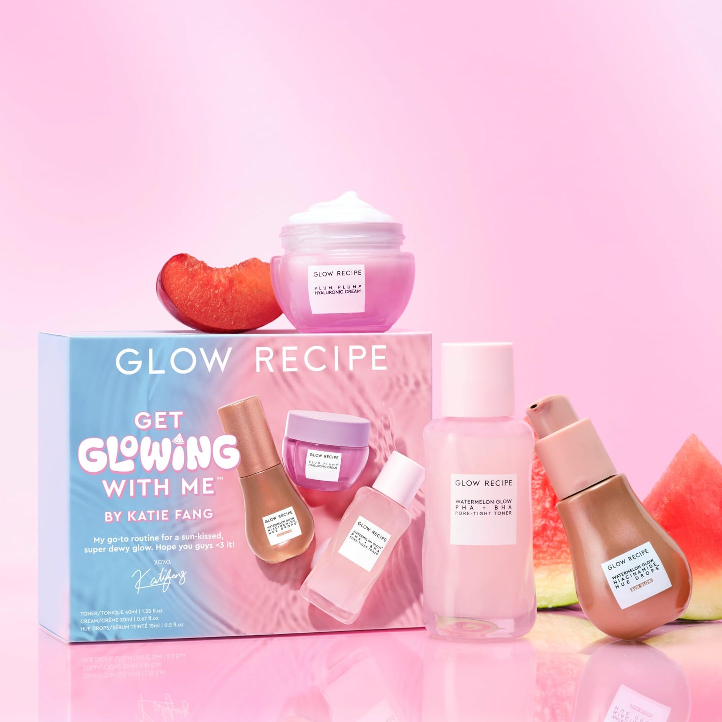 Glow Recipe Get Glowing With Me Kit – PHA + BHA Toner, Gentle Exfoliant, Plum Plump Moisturizer & Hue Drops Tinted Serum (3 pcs)