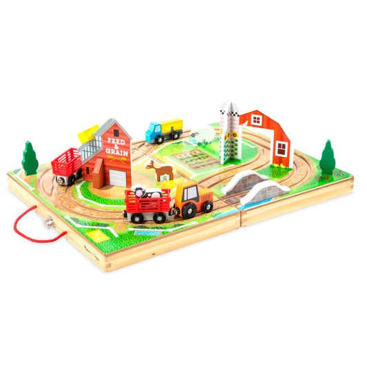 Melissa & Doug 17-Piece Wooden Take-Along Farm Set with Barn, Grain House, 4 Vehicles & Play Pieces – Pretend Play Toy for Toddlers 1+